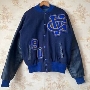 Vintage 1990 Varsity Jacket | Navy Wool & Leather | Size 44 (Large)